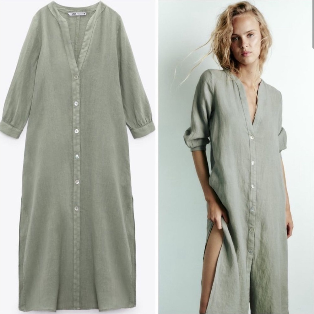 Zara 100% Linen Dress Pockets Khaki